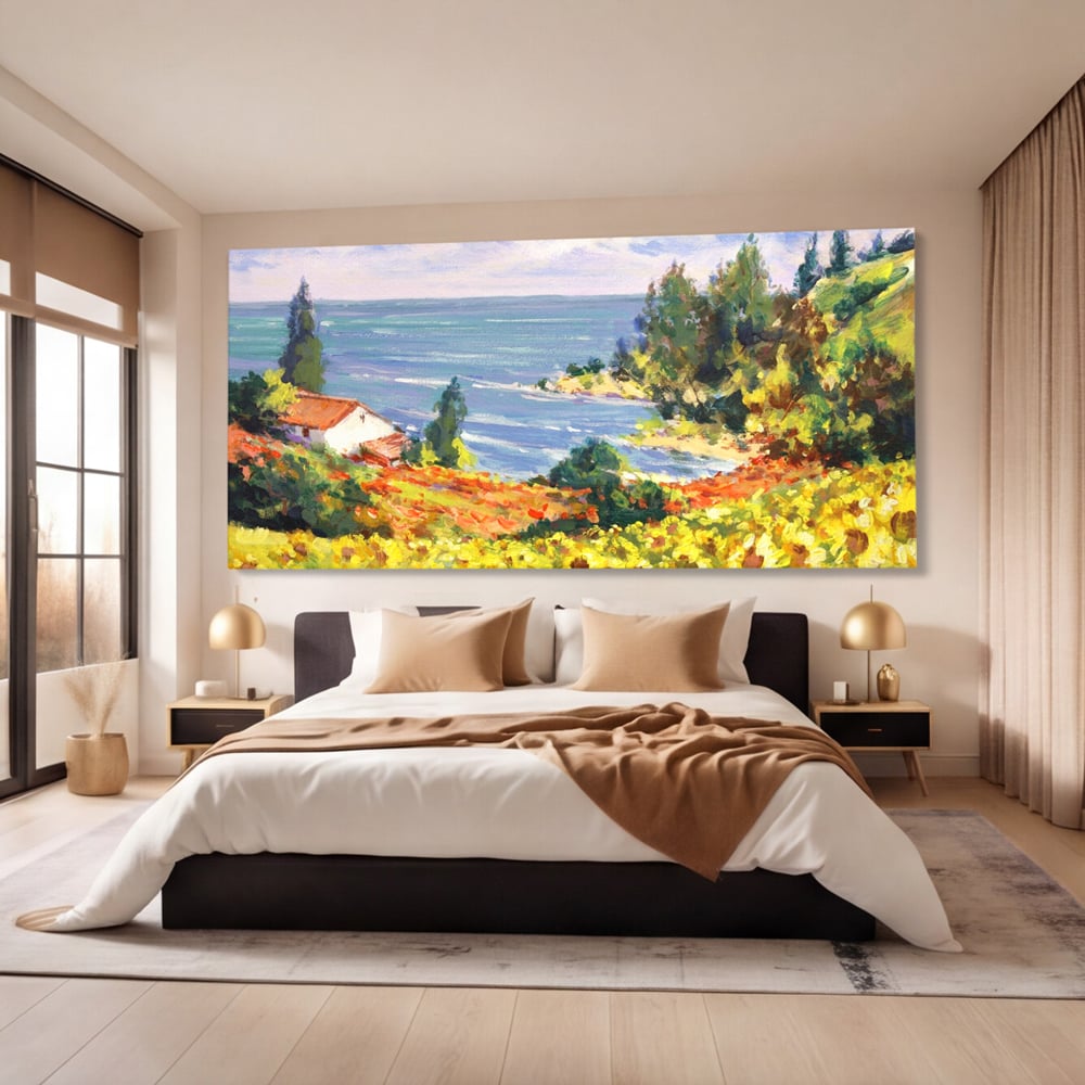 Tablou canvas cu pictura camp cu floarea soarelui si mare, fara rama, pe sasiu de lemn, pe perete intr-un dormitor